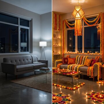 Split comparison of plain living room transformed into vibrant festively decorated space with lights, garlands, and colorful rangoli pattern. Diwali decoration.