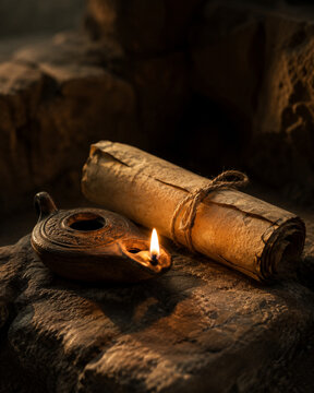 Ancient oil lamp glowing beside a rolled parchment on rough stone, evoking oral storytelling, memory, and the timeless world of Homeric epic poetry.
