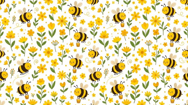 Cute honeybees and yellow meadow flowers seamless repeating pattern