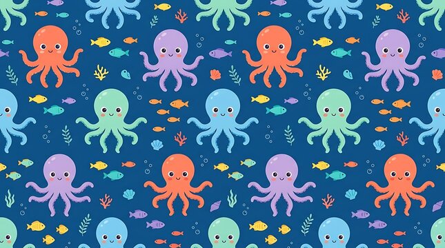 Cute octopus and fish seamless pattern on blue background