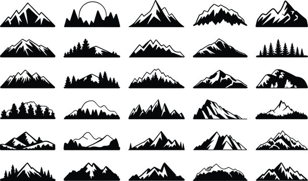 Set of mountain ranges vector graphics diverse peaks and silhouettes on white background