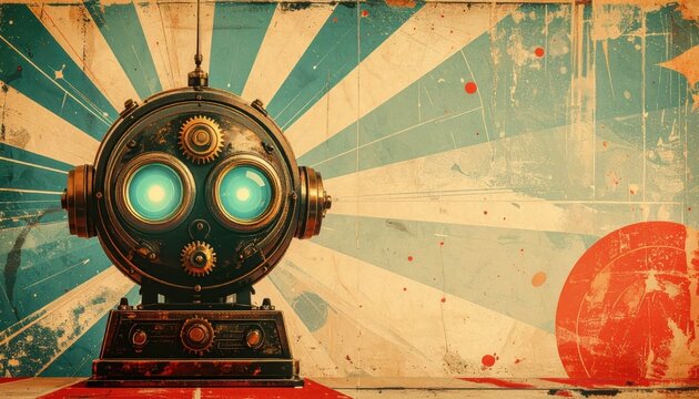 Vintage Steampunk Robot Head with Glowing Blue Eyes and Mechanical Gears on a Distressed Sunburst Background with Copy Space