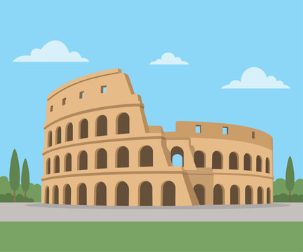 Ancient Roman Colosseum surrounded by lush green nature under a bright blue sky, the iconic amphitheater stands among trees, grass, and scenic landscapes, blending historical architecture with the bea