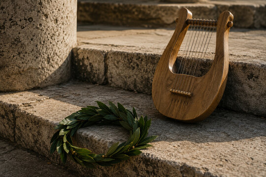 Wooden lyre and green laurel wreath resting on weathered stone steps, celebrating music, oral tradition, poetry, and the cultural legacy of Homeric epics.