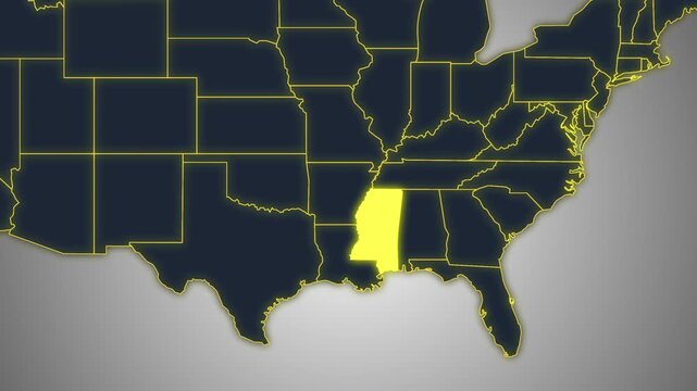 Animated Glowing Mississippi State Map on a Light Gray Gradient Background. Ideal for geography, business, news, and infographic projects.