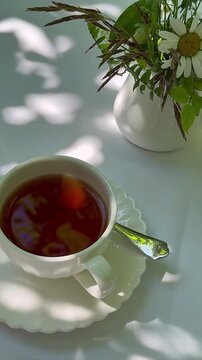 Gentle morning light filters through leaves onto a delicate white teacup filled with dark tea on saucer, with a small bouquet of daisies and grass in background.
