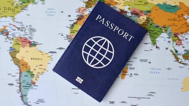 International passport against a map backdrop, representing the concepts of travel, hiking, and relocation. Passport on a map as a background for your design
