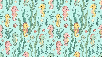 Cute seamless pattern with seahorses seaweed and starfish
