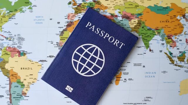 International passport against a map backdrop, representing the concepts of travel, hiking, and relocation. Passport on a map as a background for your design