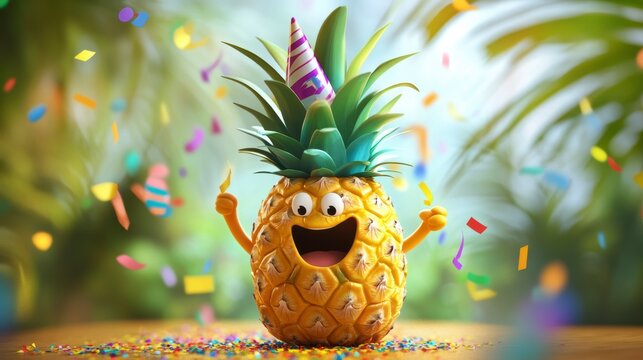 Happy pineapple cartoon character wearing a party hat, celebrating amidst confetti.