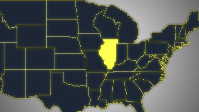 Animated Glowing Illinois State Map on a Light Gray Gradient Background. Ideal for geography, business, news, and infographic projects.