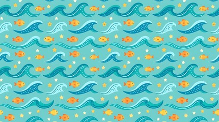 Cute ocean pattern featuring orange fish and blue sea waves