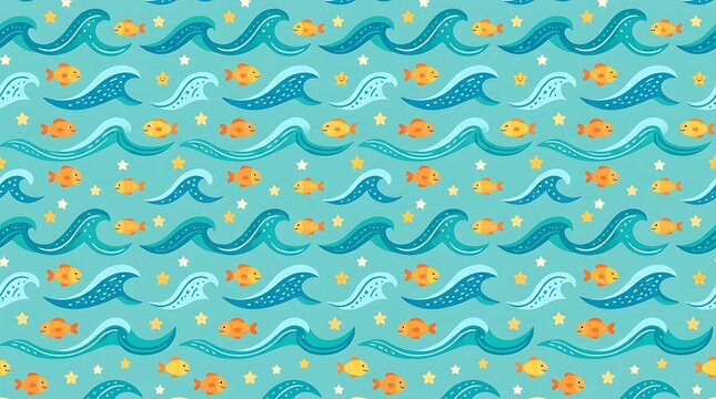 Cute ocean pattern featuring orange fish and blue sea waves