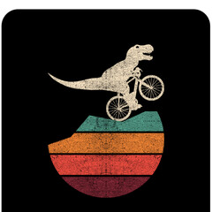 Vintage T-shirt design featuring a T Rex riding a bicycle over a retro sunset, blending dinosaur adventure, cycling passion, and nostalgic style for bike lovers. © Jegos