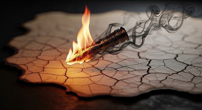 Burning pen tip on cracked dry earth surface.