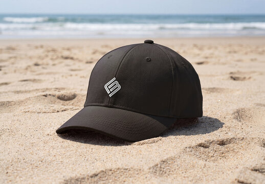 Black Cap on Sandy Beach with Ocean Background Mockup