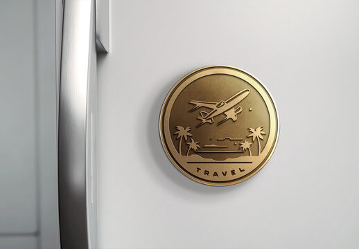 Circular Engraved Gold Fridge Magnet on a Refrigerator Door Mockup