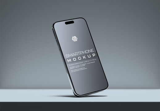 Floating Smartphone With Shadow on Clean Grey Background Mockup