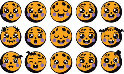Fototapeta premium Adorable Halloween full moon faces with cute expressions in purple and orange perfect for cheerful holiday designs