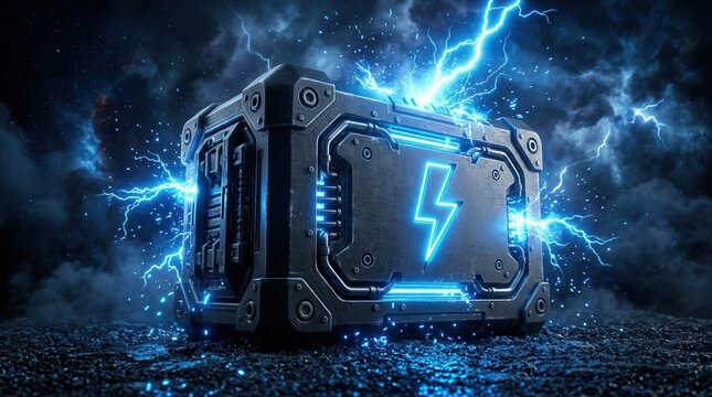 High voltage charging energy storage icon and digital lithium ion rechargeable battery symbol in a future looking alternative energy technology concept