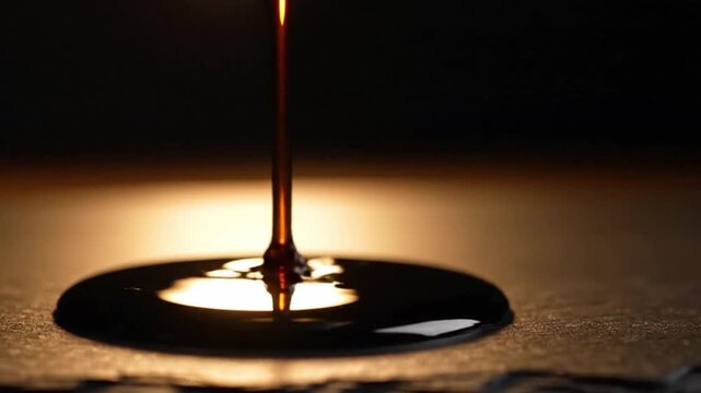 Extreme macro close up of thick glossy dark balsamic glaze slowly drizzling from a squeeze bottle onto a dark slate surface for commercial food styling