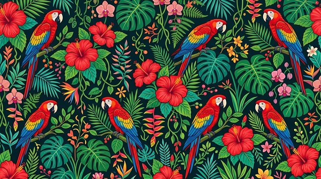 Vibrant tropical pattern with red macaws and exotic flowers