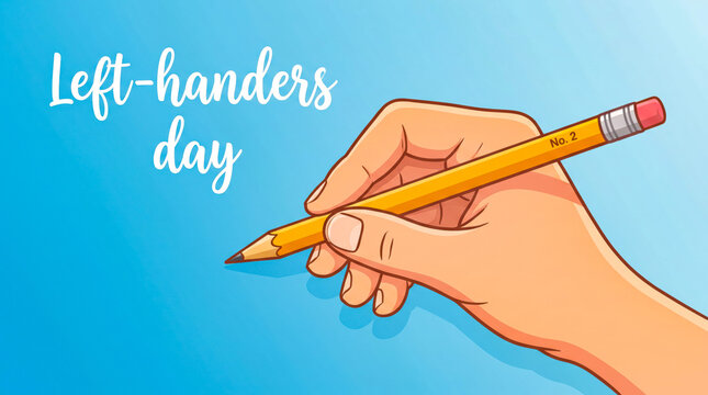 Left-handed person writing with yellow pencil on blue background
