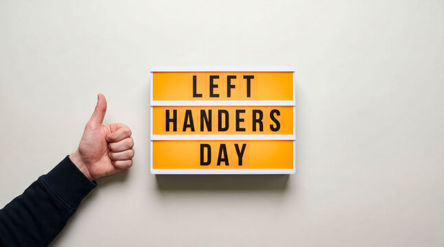 Person giving thumbs up next to left handers day sign