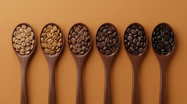 A bird's eye view showing coffee beans in small spoons as a representation of the coffee concept