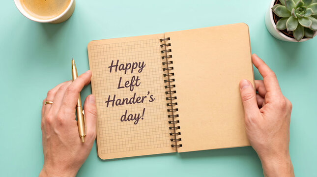 Happy left handers day notebook with pen on desk
