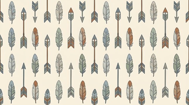 Tribal seamless pattern featuring rustic arrows and feathers