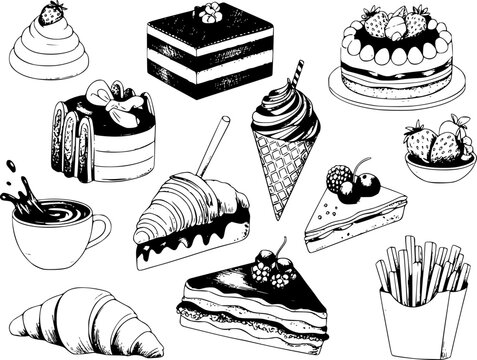 Colecci&oacute;n dibujada a mano de postres deliciosos, pasteles, reposter&iacute;a, helado y caf&eacute; en estilo de l&iacute;nea blanco y negro