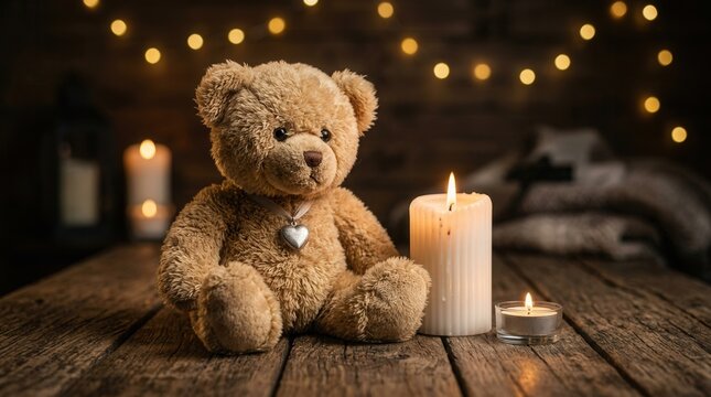 Child loss condolence display with a lit candle and plush teddy bear