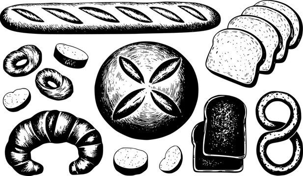 Colecci&oacute;n dibujada a mano de varios productos de panader&iacute;a frescos incluyendo baguette, pan rebanado, croissant y pretzels