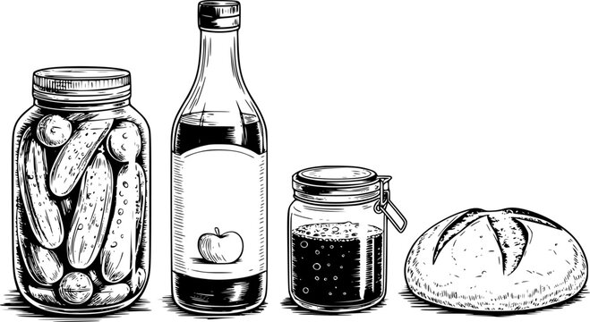 Dibujo a mano de un frasco de pepinillos, una botella de sidra de manzana, un frasco de mermelada y una hogaza de pan fresco