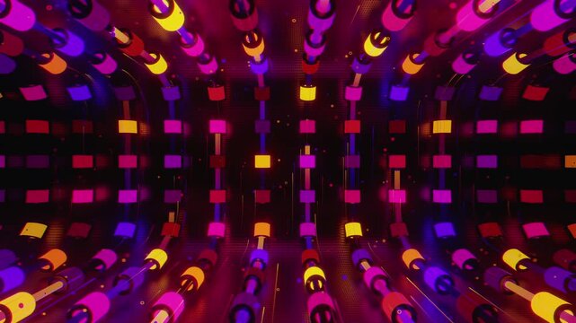 Hypnotic seamless loop of a futuristic geometric array. Abstract digital system made of rotating cylinders, crystalline lattices and textured metal grids, creating deep abstract background.