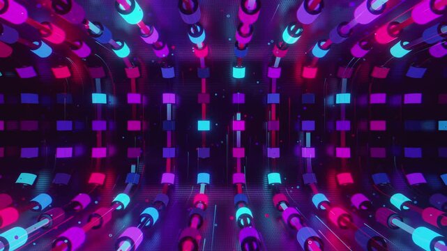 Hypnotic seamless loop of a futuristic geometric array. Abstract digital system made of rotating cylinders, crystalline lattices and textured metal grids, creating deep abstract background.