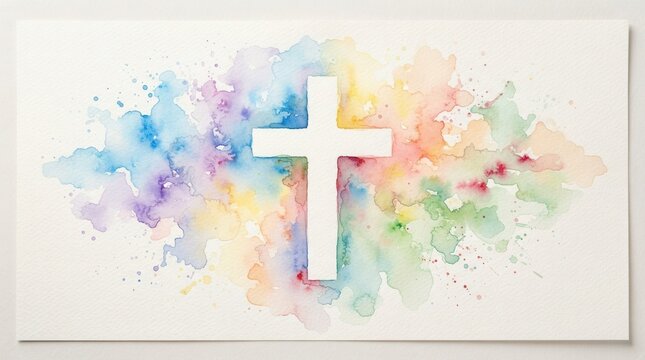 Christian cross clipart set against a colorful watercolor Easter theme banner and border