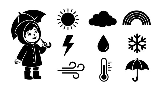 Weather Icon Set Featuring Child in Raincoat, Sun, Clouds, Lightning, Raindrop, Rainbow, Snowflake, Umbrella