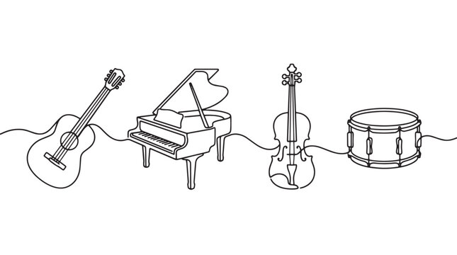 Continuous line art musical instruments, minimalist guitar piano violin and drum vector illustration, elegant black and white music icons set