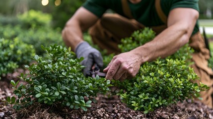 Fototapeta premium A person wearing gloves trims small green shrubs with pruning shears on soil covered ground under soft natural light