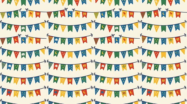 Colorful festive bunting garlands with stars and animals pattern