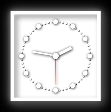 Square framed white clock with red second hand time