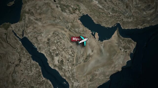 Animated Flight Route Riyadh to New Delhi on Satellite Earth Map