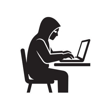 Cybersecurity expert analyzing data on laptop. Anonymous hacker in hoodie coding for digital protection and threat detection.