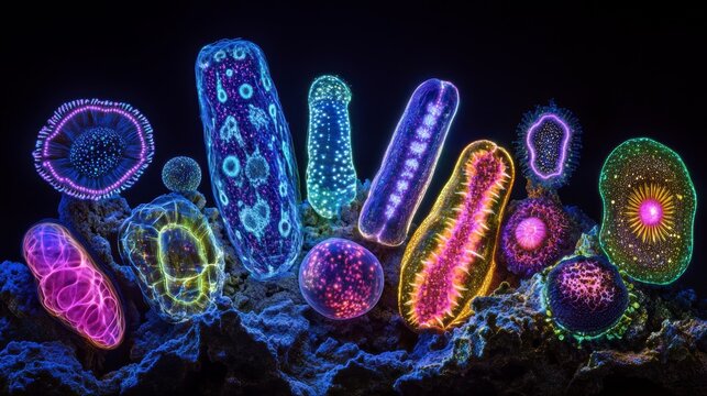 Microscopic organisms, colorful, glowing, bioluminescent, vibrant, diverse, aquatic life, underwater world, marine life, single-celled, microorganisms, plankton, protists,  in a dark background.