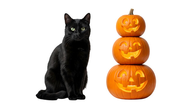 Black cat looking at stack of three glowing carved pumpkins for Halloween celebration.