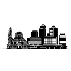 Obraz premium Cityscape Silhouette with Historic Church and Modern Buildings