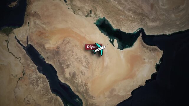 Animated Flight Route Riyadh to New Delhi on Satellite World Map