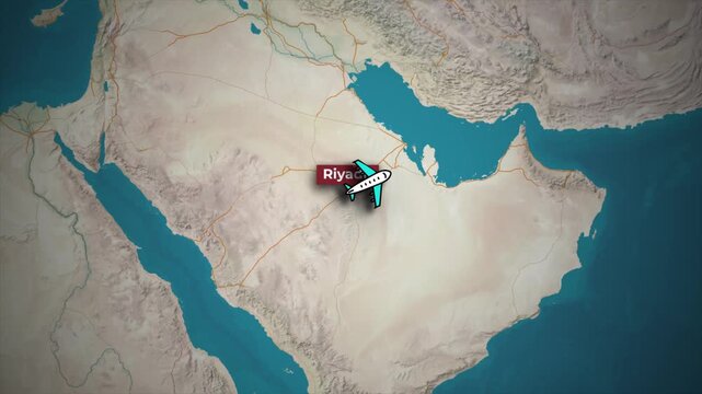 Airplane Flight Route Riyadh to New Delhi on Topographic Map Background